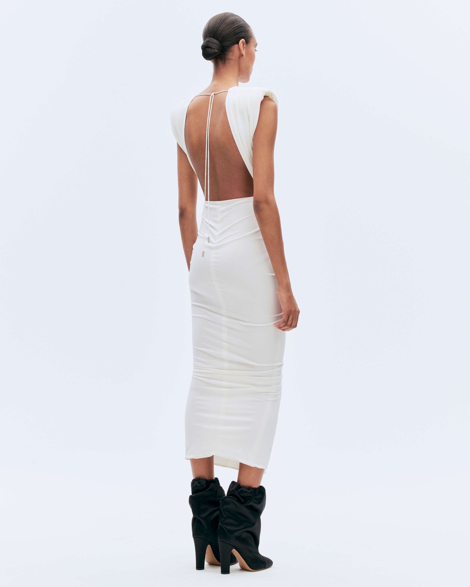 GATHERED V-NECK MIDI DRESS