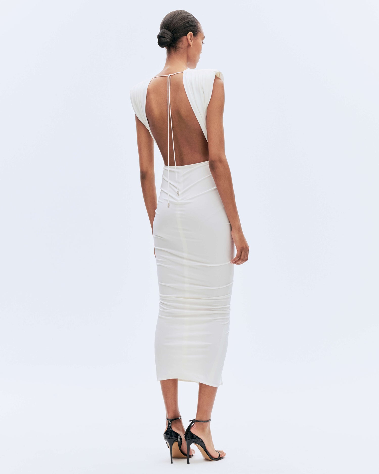 GATHERED V-NECK MIDI DRESS